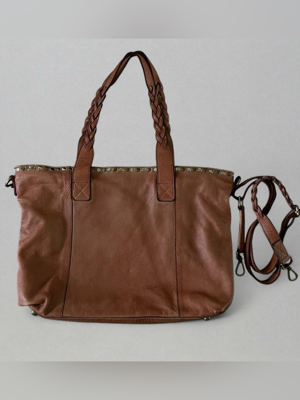 Braided-Handle Leather Tote Bag in Brown